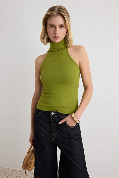 Trendyol Collection Oil Green Plain Fitted Turtleneck Sleeveless 100% Cotton ...
