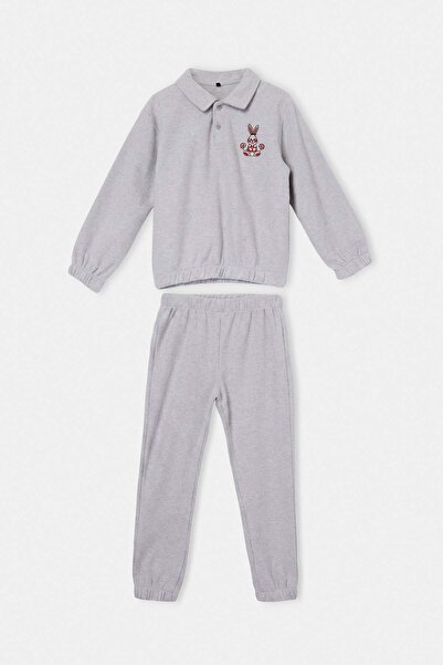 TRENDYOLKIDS Gray Melange Girl's Cotton Printed Polo Neck Regular Knitted Bot...
