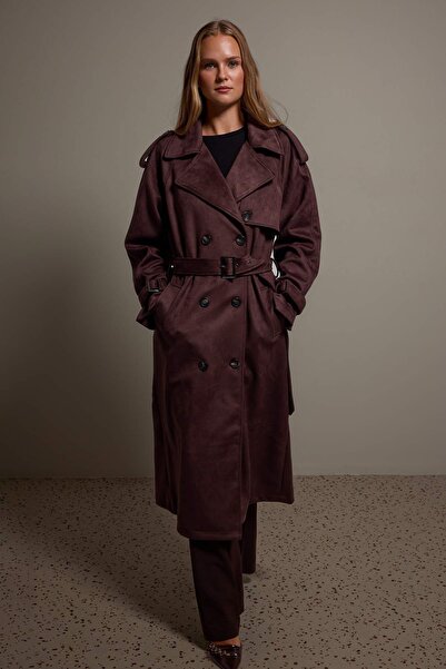 Trendyol Collection Dark Brown Belted Suede Double-Breasted Oversize Long Tre...