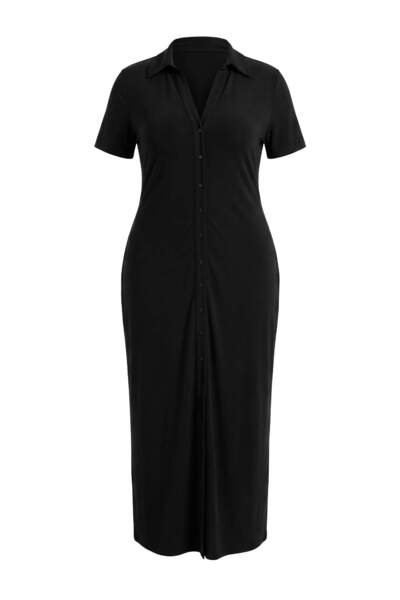 Trendyol Curve Black Polo Collar Buttoned Maxi Knitted Plus Size Dress Tbbss2...