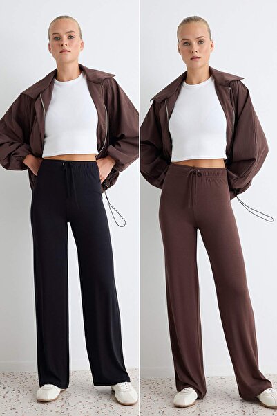 Trendyol Collection Black-Brown Tie-Detail Wide Leg Knitted Trousers Twoaw27P...