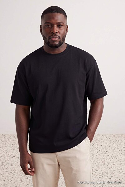 Trendyol Collection Big Size Black Regular Low Shoulder 100% Cotton Interlock...