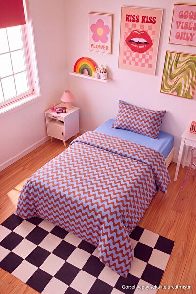 TRENDYOLMİLLA HOME طقم غطاء لحاف مفرد بتصميم ريترو مع ملاءة مطاطية TPHAW27TKN...