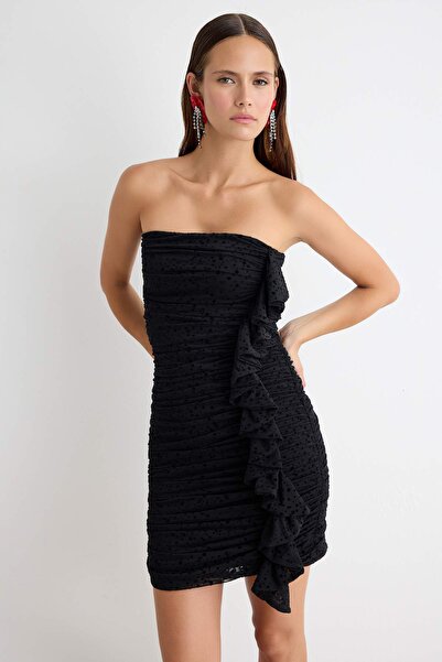 Trendyol Collection Black Polka Dot Knitted Flocked Quality Short / Mini Line...