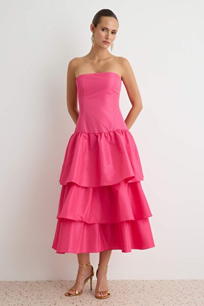 Trendyol Collection Fuchsia Tiered Skater/Waist Cut-Out Midi Woven Evening Dr...