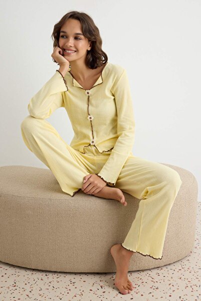 Trendyol Collection Yellow 100% Cotton Baby Overlock Flower Applique Pointel/...