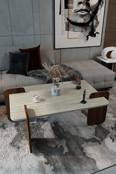 BAMOSA Norex Traverten Dokulu Oval Orta Sehpa – 104*54cm Minimal Modern Tasarım