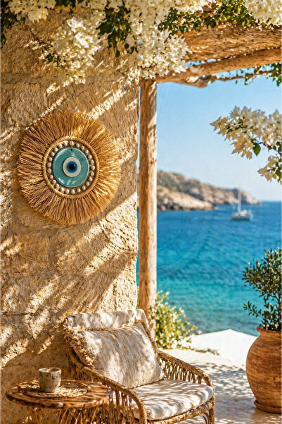 Home Bohem Handmade Büyük Nazar Boncuklu Deniz Kabuklu Rafya Duvar Süsü