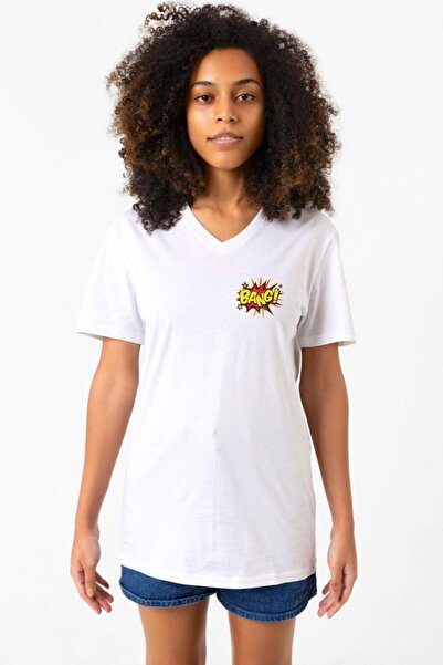 Tshirthane تي شيرت نسائي أبيض برقبة على شكل حرف V بشعار Big Bang Theory Bang