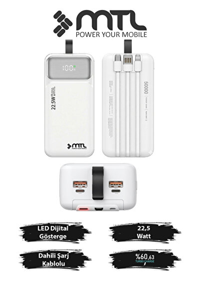 MTL 50000 mAh 22.5W Turbo Şarj Dahili Kablolu Dijital LED Göstergeli PD ve QC...