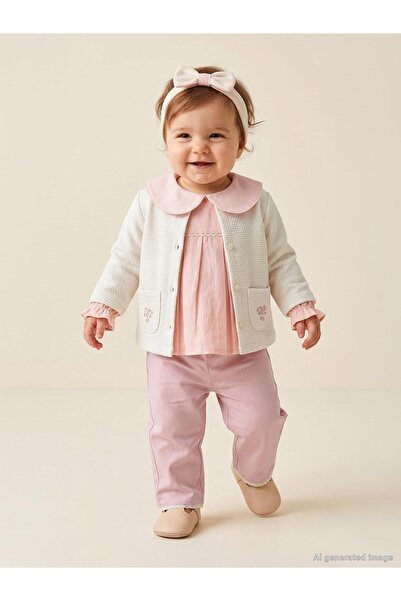 Kumru Baby Collar Cardigan 3-Piece Set 6-18 Months - Powder 9-12 Months