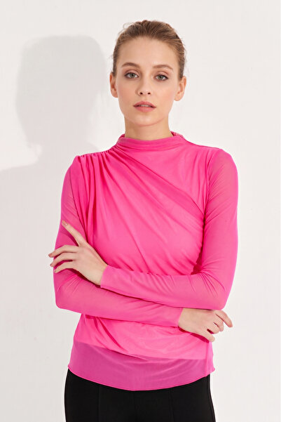 NEW JOURNAL Bluză de damă din tul drapat, fucsia, cu șnur APP1244