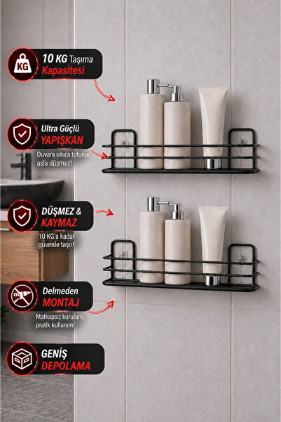 Sas Haus 2 τεμάχια μαύρο αυτοκόλλητο ράφι μπάνιου, θήκη για σαμπουάν ντους, μ...