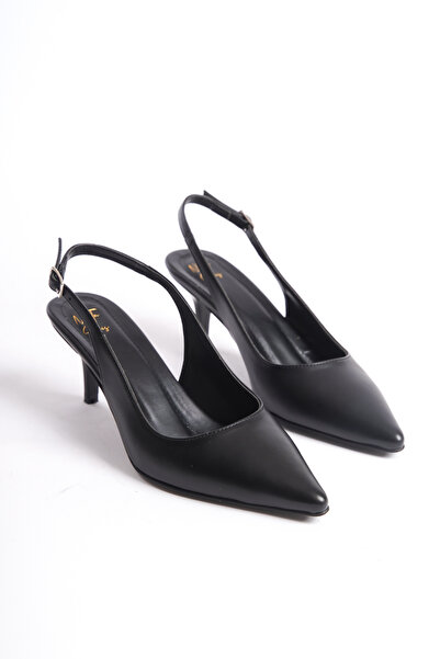 NITU Shoes وأشار اصبع القدم مفتوحة الظهر الجلد الأسود بكعب منخفض خنجر