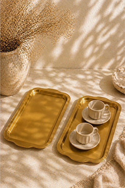 Anadolu Saray 2 ADET Gold Paslanmaz Çelik Sunum Tepsisi 31,5x21,5 cm Şık Deko...