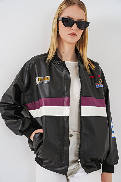 Bigdart 0698 Printed Faux Leather Bomber Jacket - Claret Red