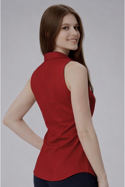 FARQIN K. Red Pomegranate Flower Cotton Polyester Brbry Fabric Detailed Zero Sleeve Slim Fit Women's Shirt