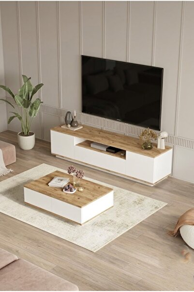 L'occi Concept Delphin Kapaklı Tv Ünitesi ve Orta Sehpa 2'Li Set Çam-Beyaz DL...