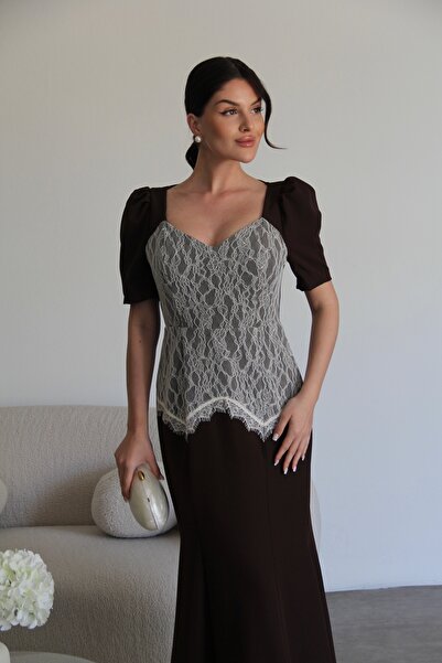 Julidress Coffee Lace Detailed V-Neck Design Premium Maxi Dress