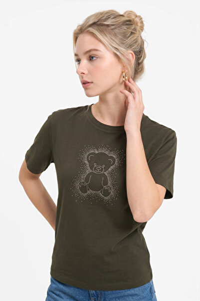 No Matter What Stone Detailed Teddy Bear Printed Oversize T-Shirt