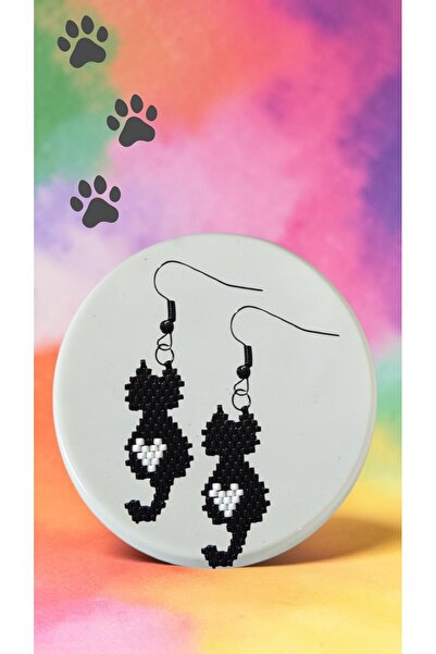 SEARD Miyuki Bead Handmade Black Cat Earrings with White Heart