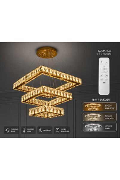 RSCOLLECTIONS Kristal Taşlı 3 Katlı Kare Camlı 3 Renk Kumandalı Ledli Avize