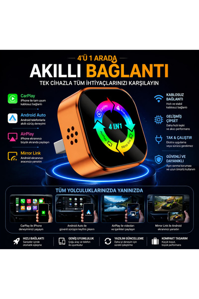 by forever 4-İN-1 Kablosuz Araç Ekran Yanstıcı ve Carplay Adaptörü Kablosuz D...