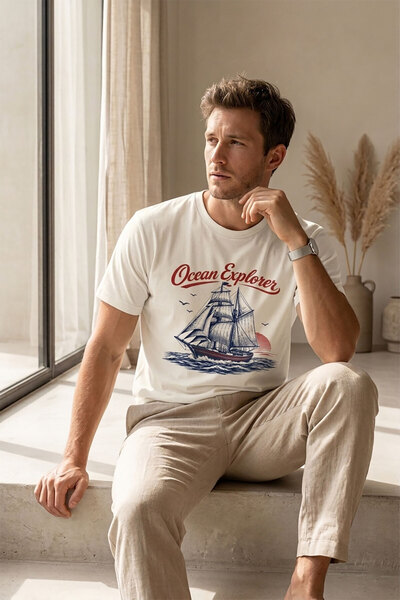 onsrawear تي شيرت أساسي من القطن بتصميم قارب شراعي عتيق للجنسين، مطبوع عليه س...