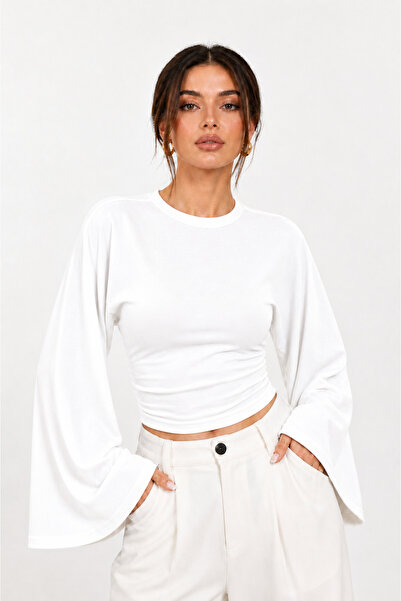 Zylen Kadın Beli Lastikli Yarasa Kol Crop Bluz