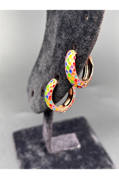 ByMerve Bym181 Multi-Colored Enamel Gold Hoop Earrings with Steel Clicks, Daily Stylish Model