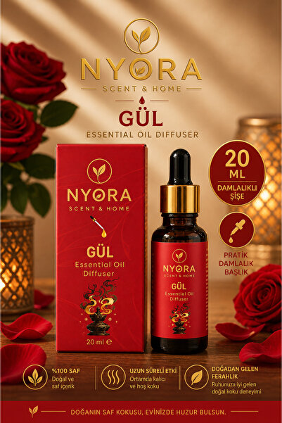 NYORA Gül 20 ml Damlalıklı Difizör ve Seramik Buhurdanlık Esansiyel Yağ