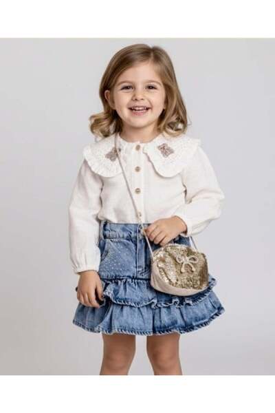Cumino Girl's Baby Collared Shirt, Denim Skirt and Bag 2-Piece Set 2-5 Years ...