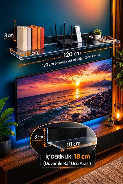 Dizaynhome ŞEFFAF PLEKSİ TV ÜSTÜ RAF (KİTAPLIK)- 120 cm