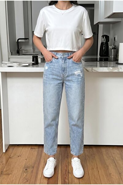 HerTon Pantaloni Mom Jean pentru femei cu talie înaltă, 100% bumbac, fără ela...