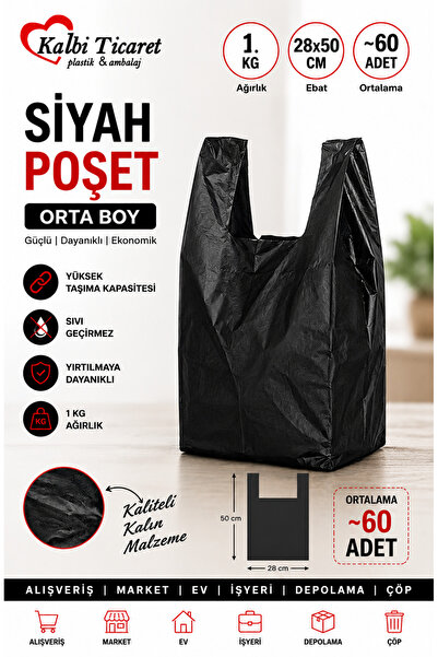 Kalbi Ticaret Kalın Siyah Poşet Orta Boy 1 Kg Hışır Atlet Poşet Market Manav ...
