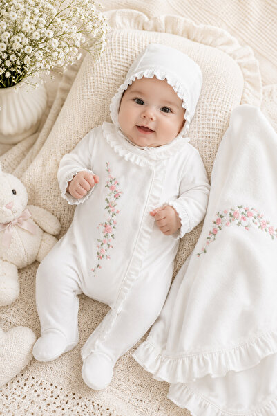 Sitilin Baby Girl 100% Cotton Natural Flower Embroidered Lace Detailed 3-Piec...