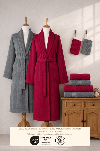 Ellaline Eldy 8 Piece Striped Bathrobe Family Set 100% Cotton Certified Bathrobe Set Dowry Set - Burgundy Gray