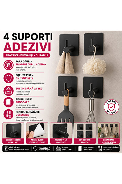 SMARTECH Set de 4 cârlige pentru prosoape, Smartech, negru mat, oțel inoxidab...