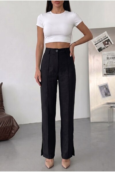 HerTon Women's Linen-Look High-Waist Fabric Trousers with Slit Detail