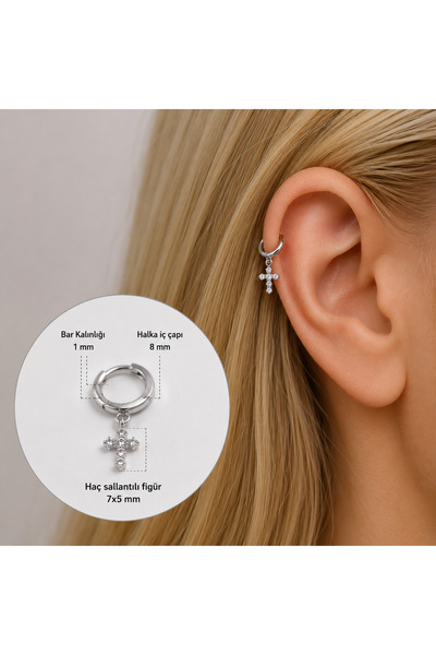 Heppii Gümüş Haç Piercing Tragus Helix Kıkırdak Zirkon Cross Piercing