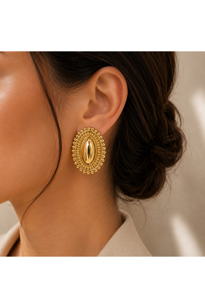 Selay Accessory Vintage Oval Earrings – Gold Color Embossed Stylish Women's Earrings