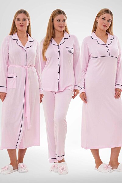 Mecit Pijama Mecit 6335 Pembe Kadın Sabahlık Gecelik Pijama 4'lü Set