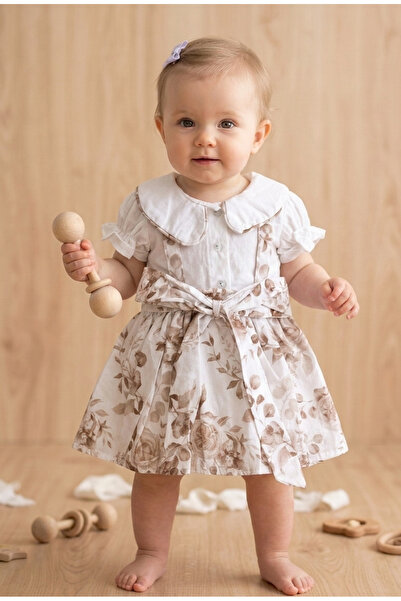 MOES Eid Retro Floral Summer Baby Collar Short Poplin Baby Dress - Brown