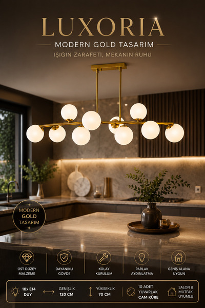 Elvora Home Modern (PREMİUM) Gold 10'lu Küre Sarkıt Avizesi Salon Mutfak Otur...
