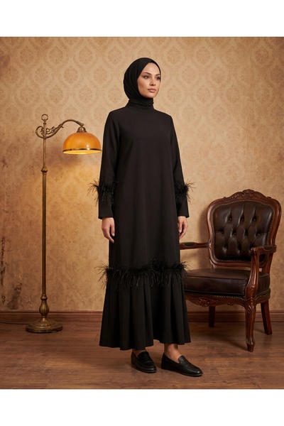 Nevayla Moda Tüy Detaylı Zarif Elbise / Siyah - E0133