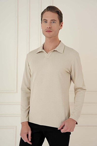 Efor Erkek Slim Fit Pamuklu Uzun Kollu Polo Yaka Bej T-Shirt TS 890