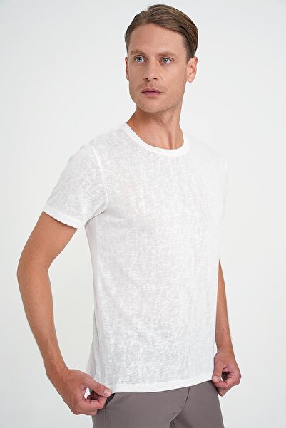 Efor Comfort Fit Bisiklet Yaka Keten Karışımlı Beyaz Tişört TS 902