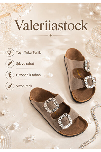 Valeriiastock Yeni Sezon Taşlı Toka Terlik Çift Tokalı Açik Kahve Renk