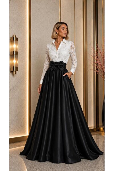 SERAVENZA COUTURE Maxi Boy Üst Dantel Kaplamalı Seyyar Kuşaklı Şık Gömlek Elb...