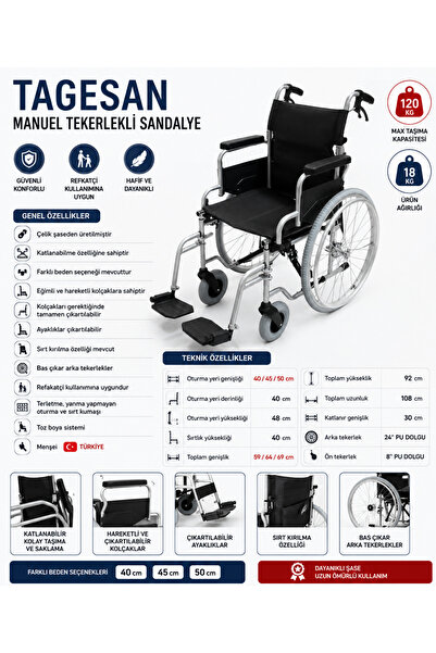 POYLİN Refakatçi Frenli Tekerlekli Sandalye | Katlanabilir Çelik Şase, 40 cm ...